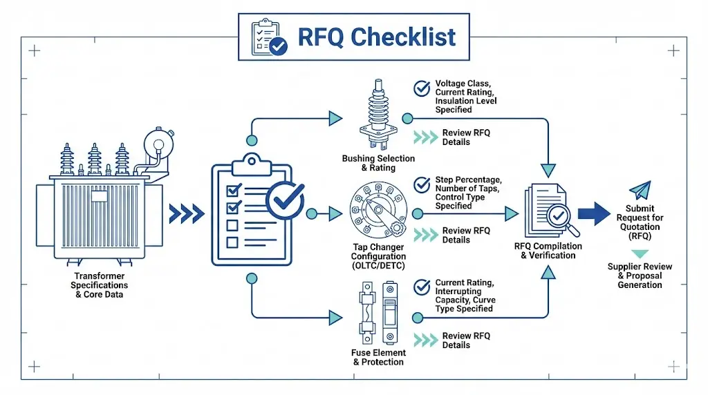 Transformer accessories RFQ checklist infographic showing procurement workflow for bushings tap changers and fuses