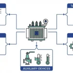 Transformer accessories selection overview showing bushings, tap changers, fuses, switches, and auxiliary devices around distribution transformer