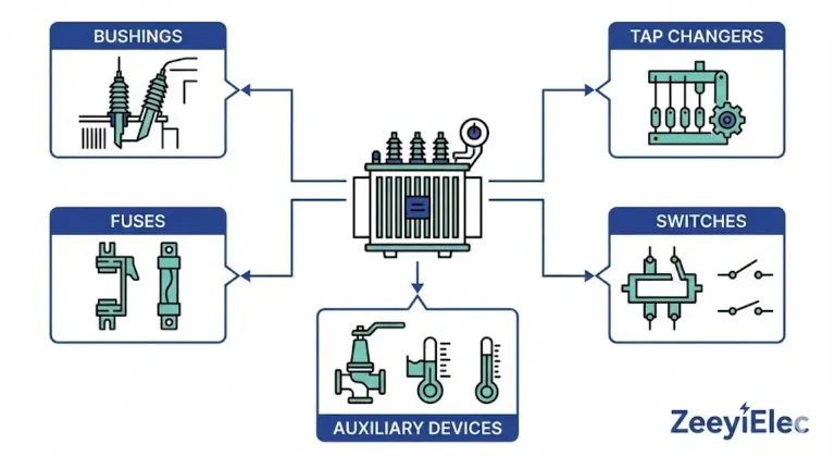 Transformer accessories selection overview showing bushings, tap changers, fuses, switches, and auxiliary devices around distribution transformer