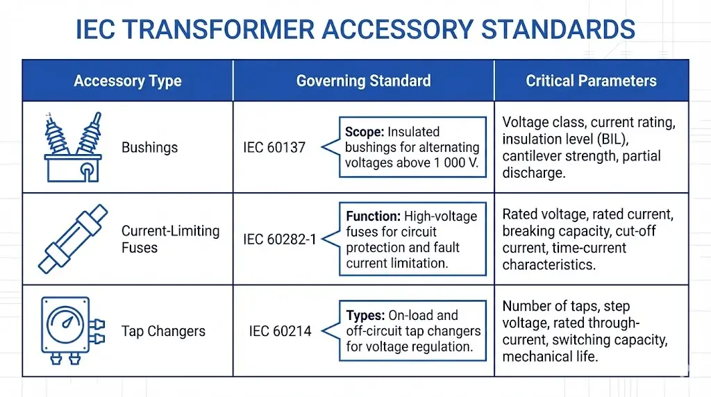 IEC-Normen für Transformatorenzubehör: IEC 60137 für Durchführungen, IEC 60282-1 für Sicherungen und IEC 60214 für Stufenschalter