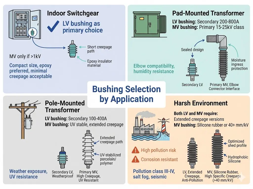 Four-quadrant bushing selection matrix for indoor switchgear, pad-mounted transformers, pole-mounted transformers, and harsh environment applications