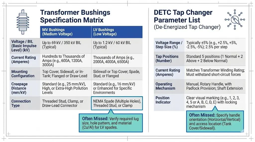 Transformer bushing and tap changer RFQ specification matrix comparing MV LV bushing and DETC parameters