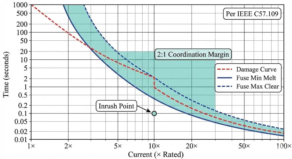 Fuse coordination time-current diagram showing transformer damage curve, fuse melt curves, inrush point, and 2:1 protection margin zone