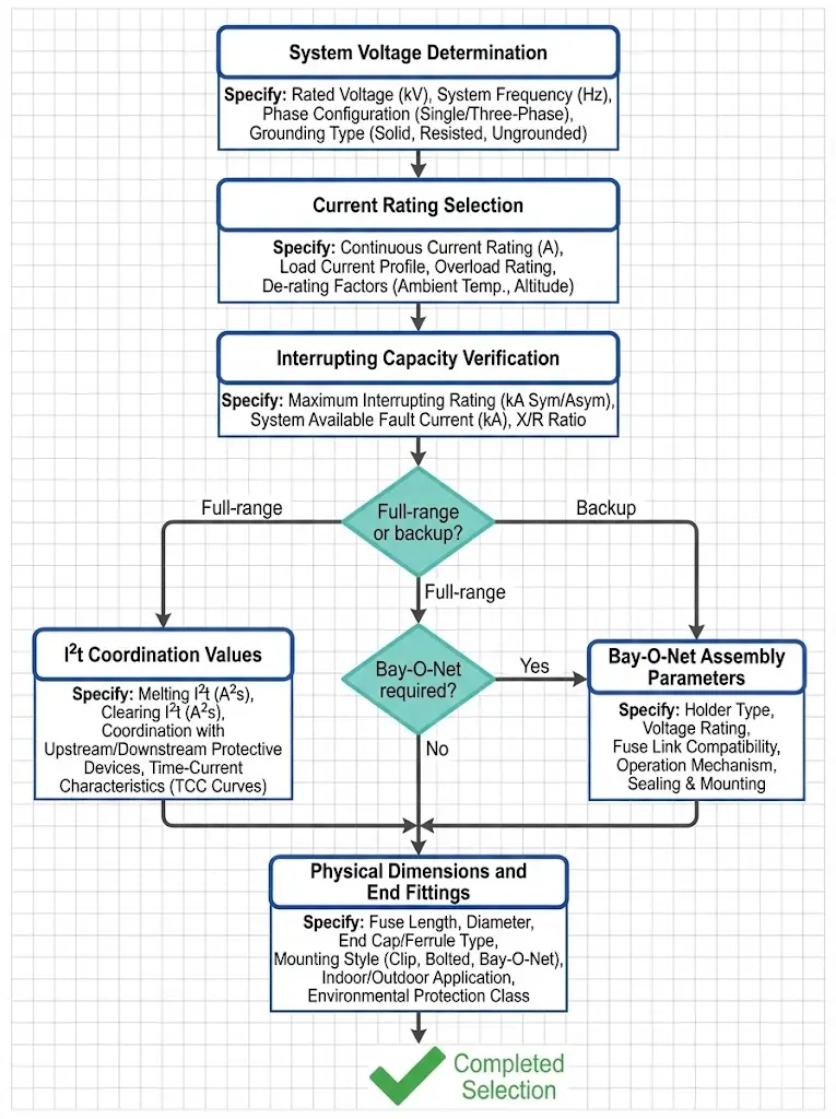 Transformer fuse selection flowchart showing decision process from system voltage through interrupting capacity to fuse type