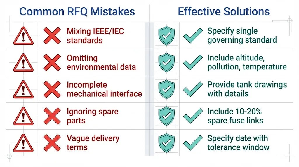 Common transformer accessory RFQ mistakes and solutions checklist showing five specification errors with corrections