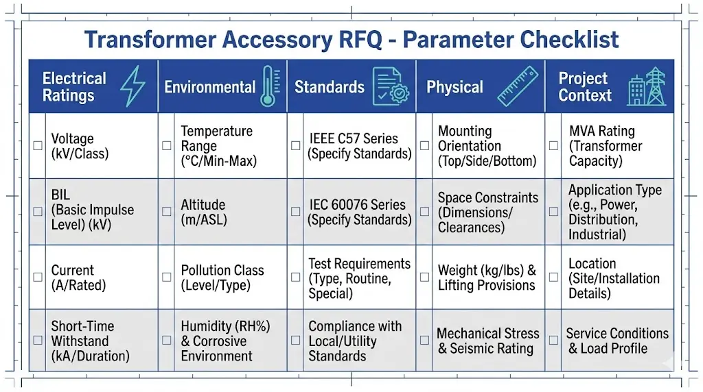 Universal transformer accessory RFQ parameters showing electrical environmental standards physical and project specification requirements