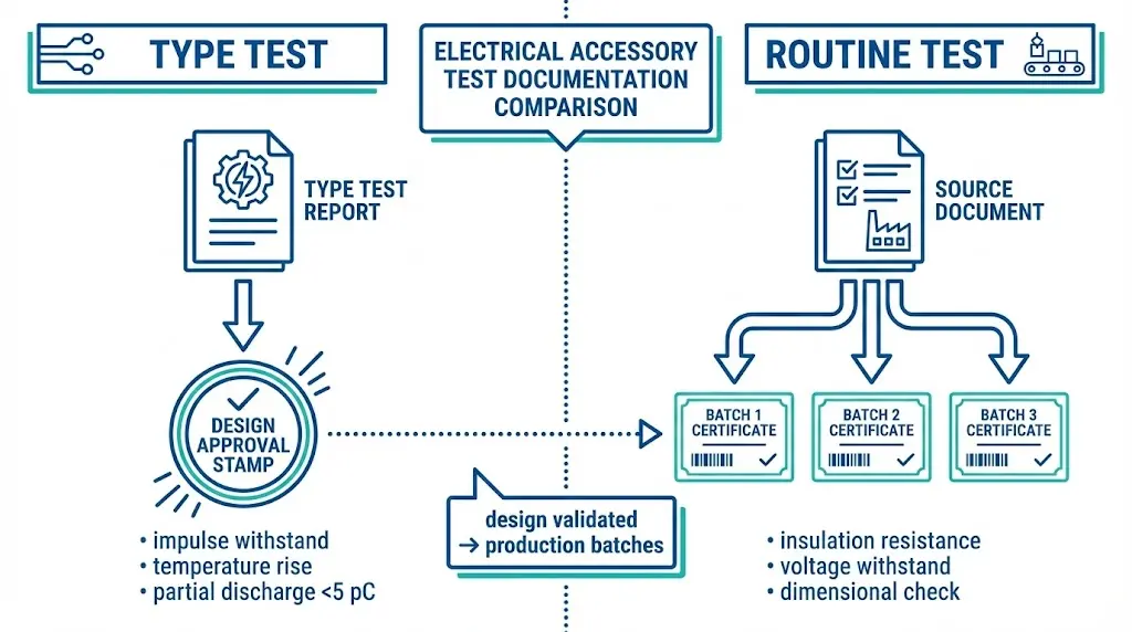 Diagram comparing type test reports for design validation versus routine test certificates for production batch verification of electrical accessories