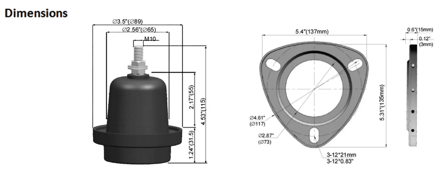 Dimension drawing of Zeeyi Electric 200A 15/25kV epoxy bushing well with stud clamp mounting and M10 interface
