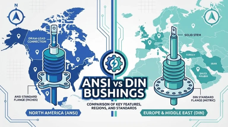 Side-by-side comparison of ANSI and DIN transformer bushing architectures highlighting distinct standard philosophies.