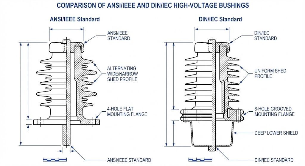 Technical diagram showing an ANSI bushing with alternating sheds next to a DIN bushing with uniform sheds.