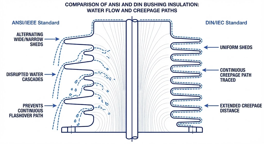 Cross-section analysis of electrical stress distribution and creepage paths on ANSI and DIN porcelain bushings.