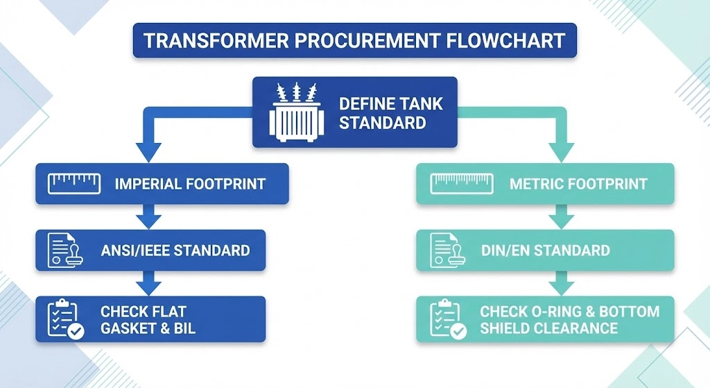 Procurement decision tree flowchart for specifying ANSI or DIN transformer bushings based on region and tank design.