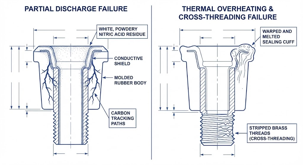 Ejemplos de seguimiento de descargas parciales y embalamiento térmico en insertos de caucho EPDM