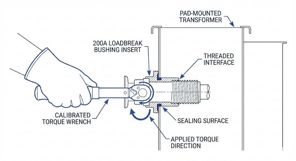 Ingeniero de campo apretando un inserto de pozo de casquillo de 200 A en un transformador de distribución.
