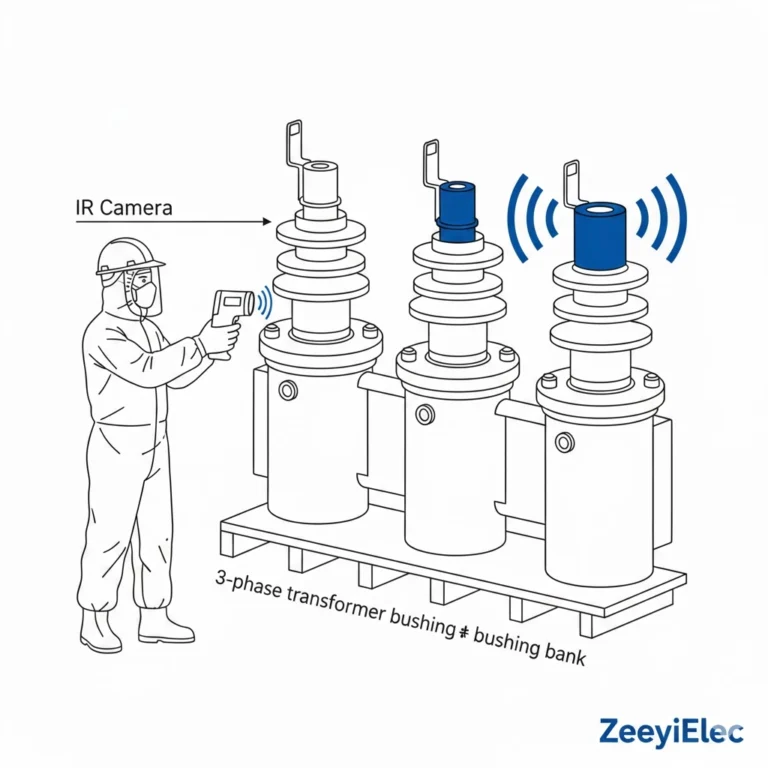 Field engineer diagnosing a failed 200A bushing well insert using infrared thermography on a distribution transformer.