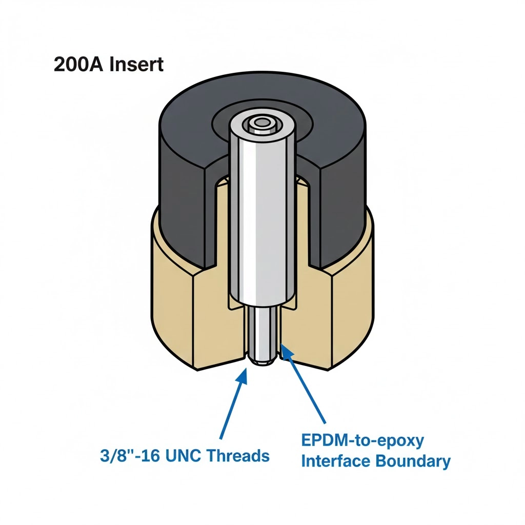 Sección transversal de una interfaz de ruptura de carga de 200 A en la que se identifican las zonas de fallo del contacto de base y del epoxi-caucho.
