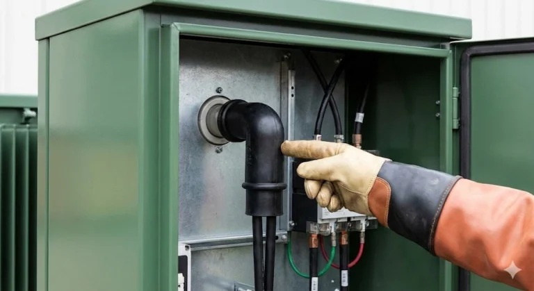 Pad-mounted transformer cabinet showing bushing well insert and elbow connector interface.