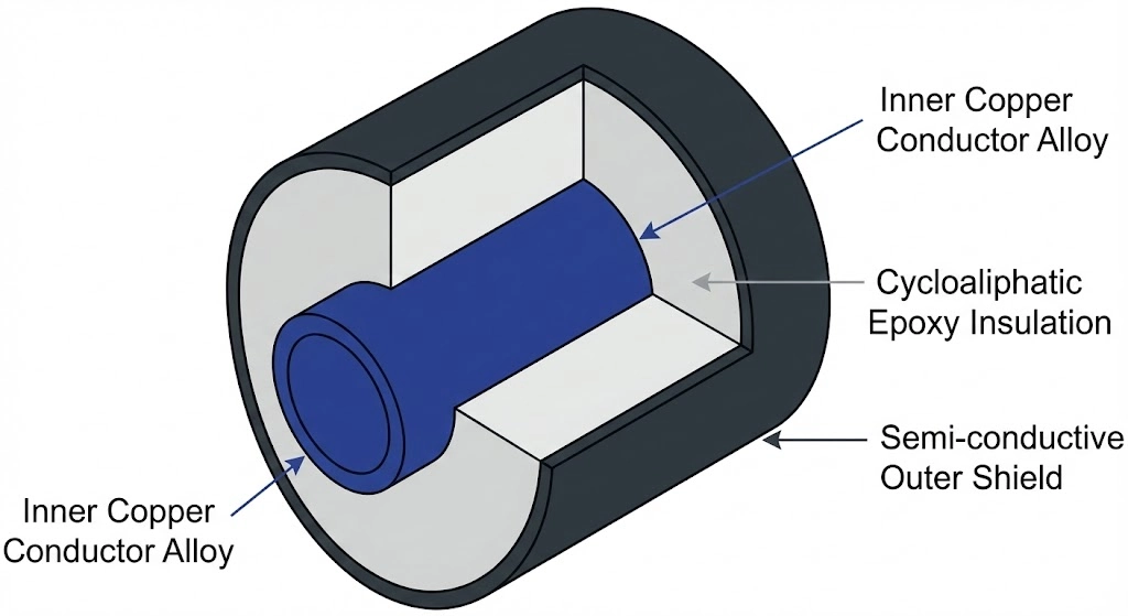 Querschnittsdarstellung eines Durchführungsschachteinsatzes mit Kupferleiter und Epoxid.