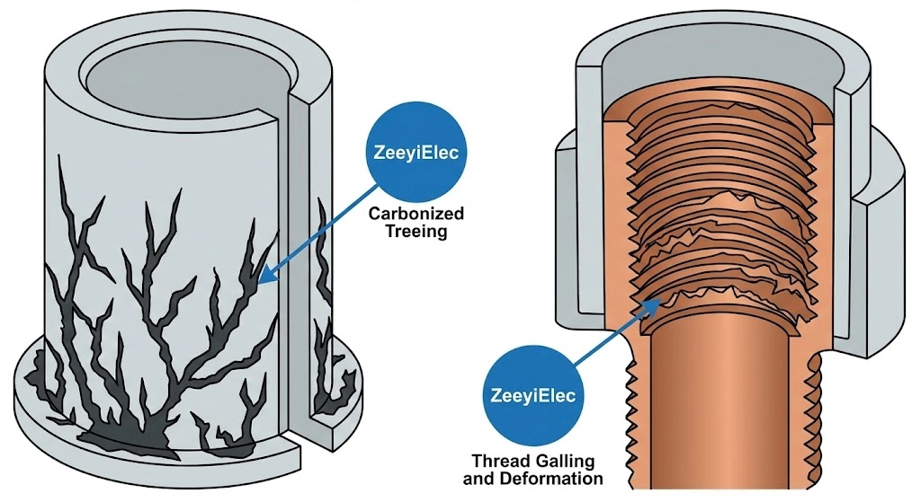 Visuelle Beispiele für die Isolationsverfolgung und das Fressen des Gewindes an einem Buchseneinsatz.