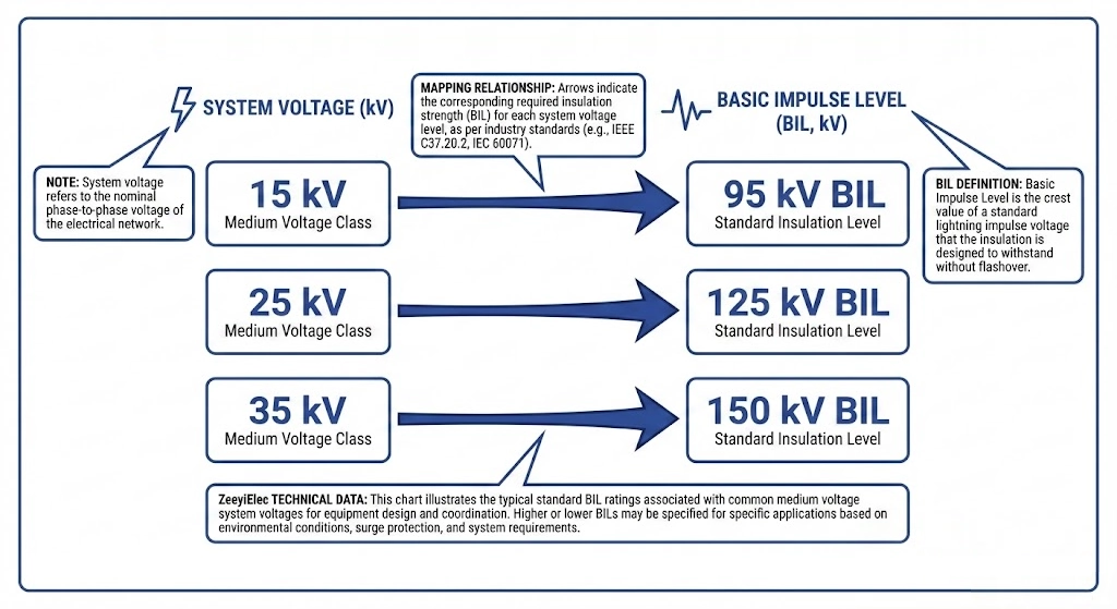 Comparison table of system voltage, BIL ratings, and AC withstand for inserts.