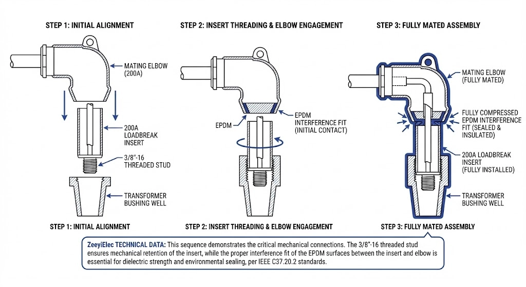 Cross-sectional diagram of bushing well, insert, and loadbreak elbow mating sequence.