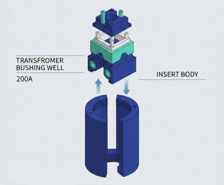 3D rendered assembly of a 200A bushing well and insert body for distribution transformers.