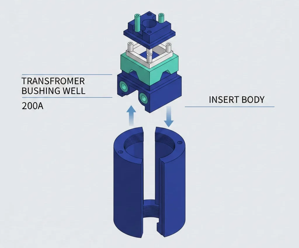 배전 변압기용 200A 부싱 웰 및 인서트 본체의 3D 렌더링 어셈블리.