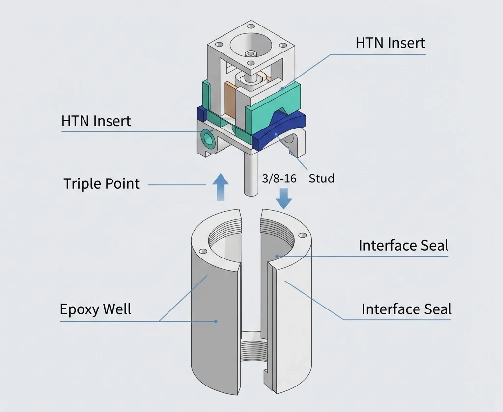 삼중점과 도체 경로를 강조하는 부싱 웰 인터페이스의 과학적 단면도입니다.