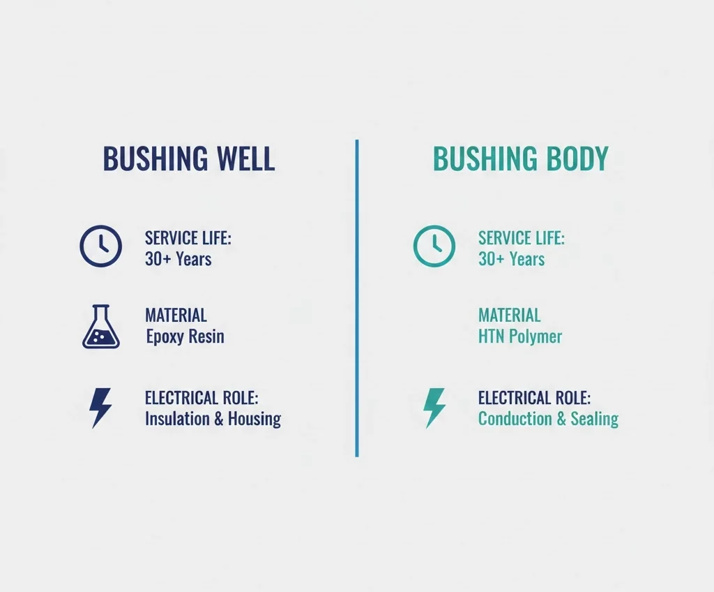 부싱 웰 재질과 부싱 본체 재질 및 서비스 가능성 역할의 비교 매트릭스.