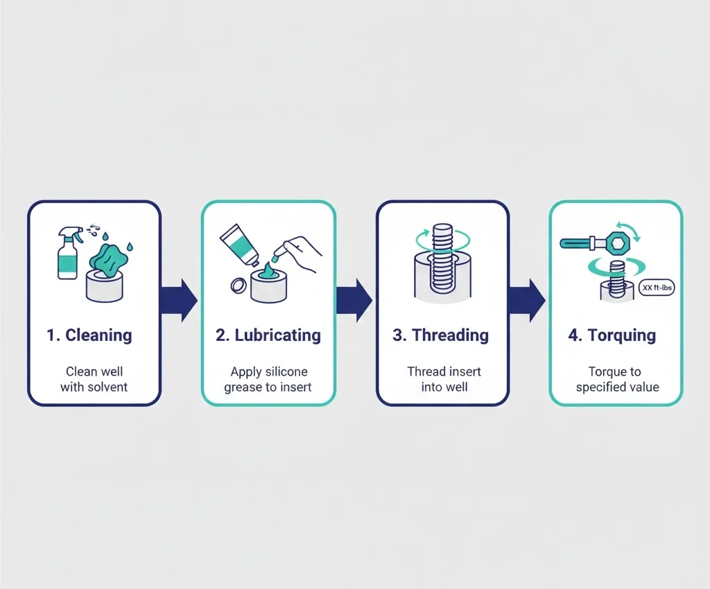청소, 윤활 및 보정 토크 적용을 포함한 단계별 현장 설치 워크플로.