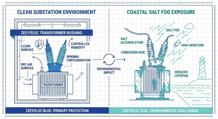 Engineer selecting medium voltage transformer bushings based on voltage class and environment.