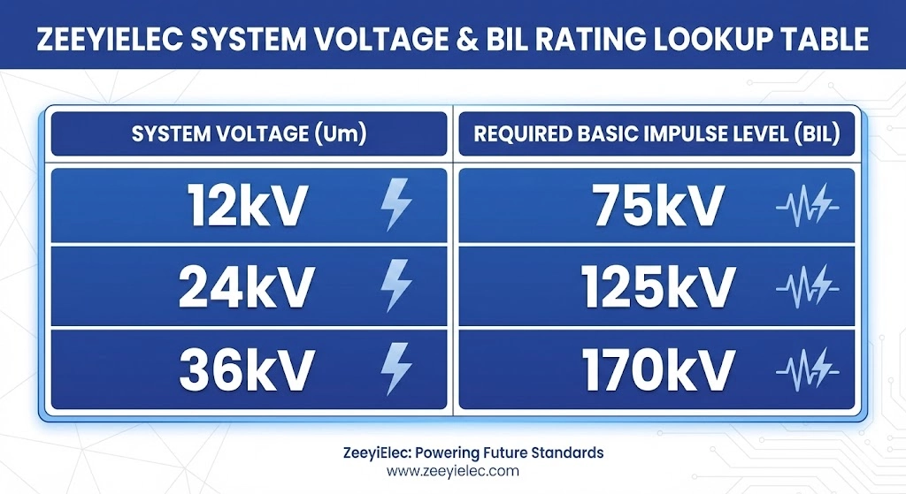 Матрица сопоставления классов напряжения, показывающая соотношение номинального напряжения и требуемого BIL для проходных изоляторов MV.