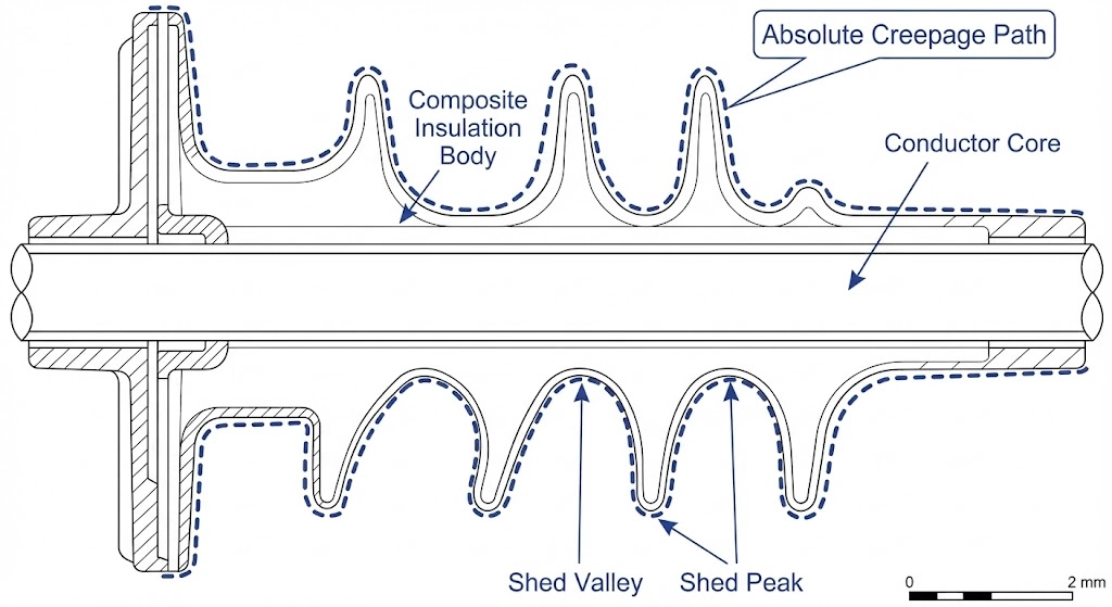 Диаграмма измерения расстояния ползучести, прослеживающая путь поверхности вдоль чередующихся втулочных зёрен.