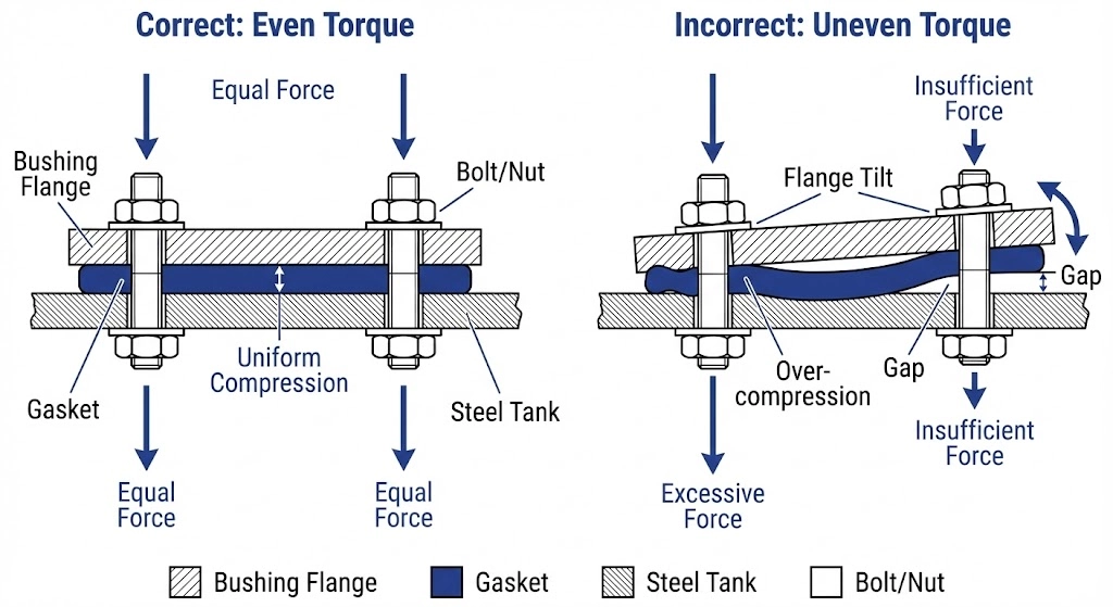 Диаграмма, показывающая правильные и неправильные профили сжатия прокладок из нитрильного каучука на стенке бака трансформатора.