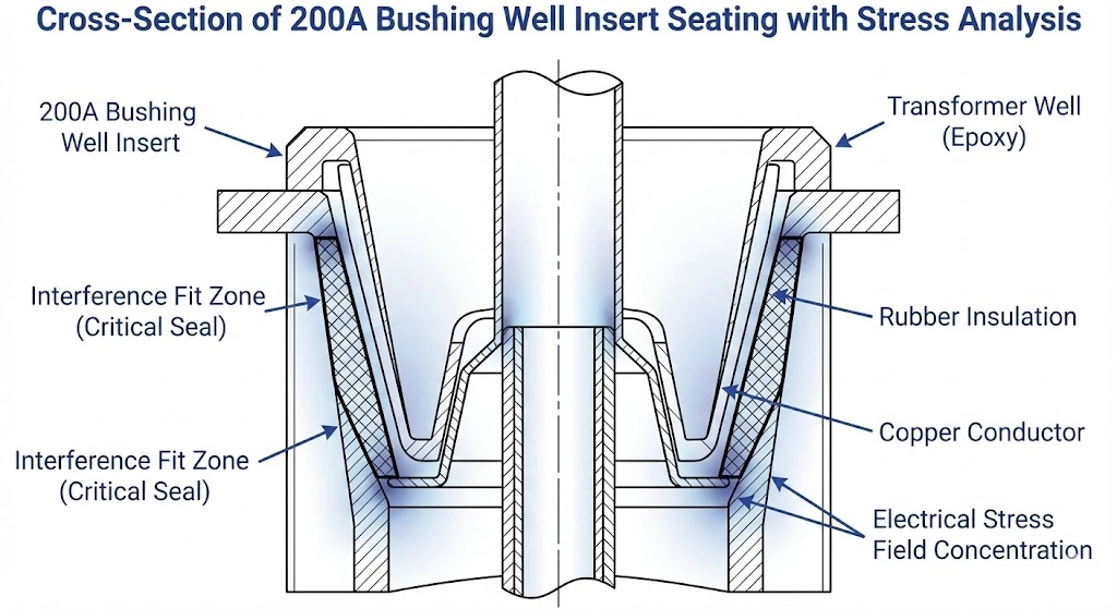 Cross-section diagram showing electrical stress relief zones within a transformer bushing well and insert mating surface.