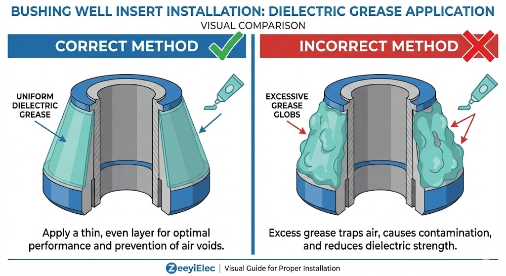 Correct application pattern of dielectric grease on a medium voltage bushing well insert to prevent hydraulic lock.