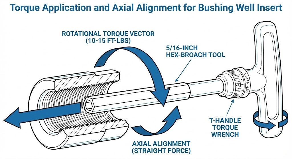 Proper hex-broach tool insertion and T-handle torque wrench alignment for seating a transformer bushing well insert.