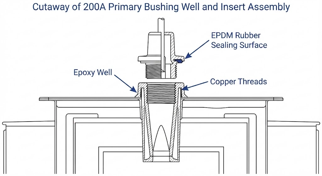 Technician preparing a distribution transformer bushing well interface for a new 200A loadbreak insert installation.