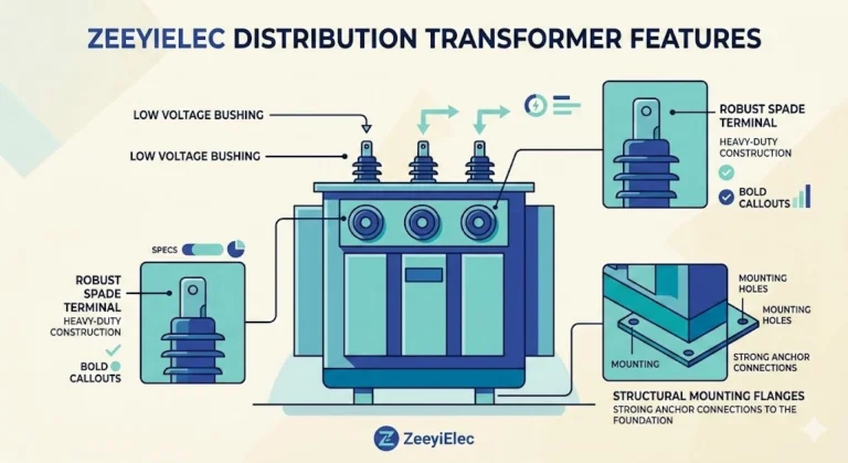 Illustration of low voltage bushings installed on a distribution transformer tank wall.