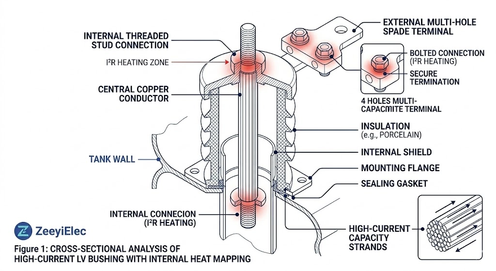 Cross-sectional diagram of a low voltage bushing showing current path and heat zones.