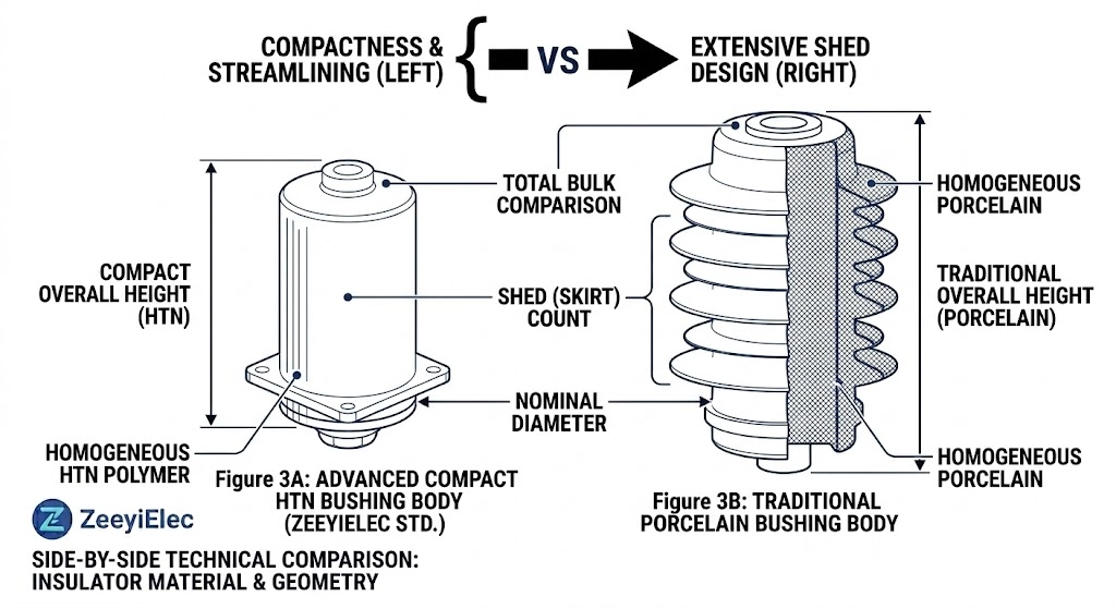 Visual comparison of High Temperature Nylon (HTN) versus Porcelain low voltage bushings.