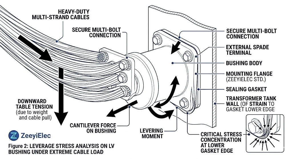 Diagram illustrating cantilever stress on a low voltage bushing flange.