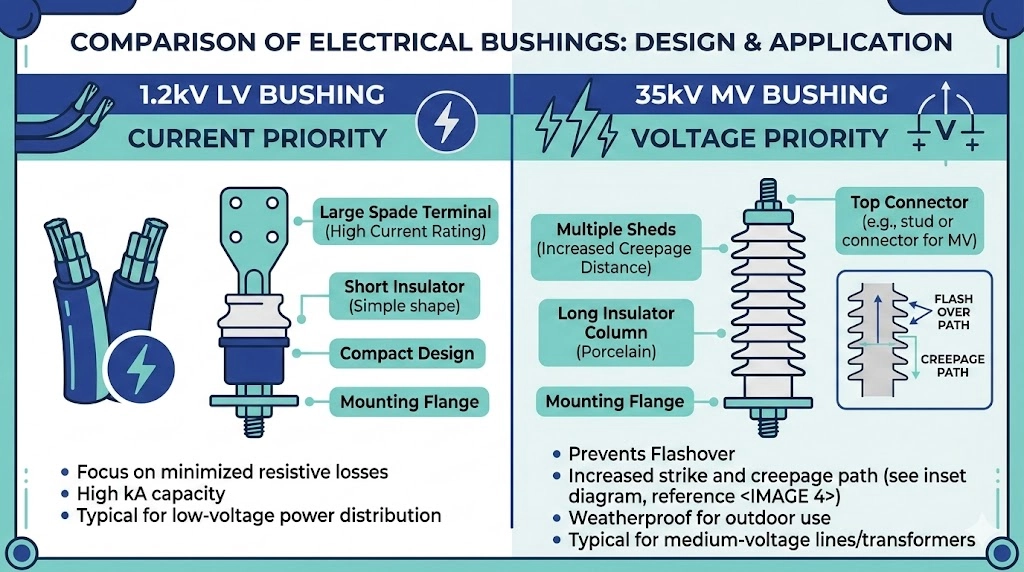 Side-by-side comparison of a low voltage transformer bushing and a medium voltage porcelain bushing for distribution networks.