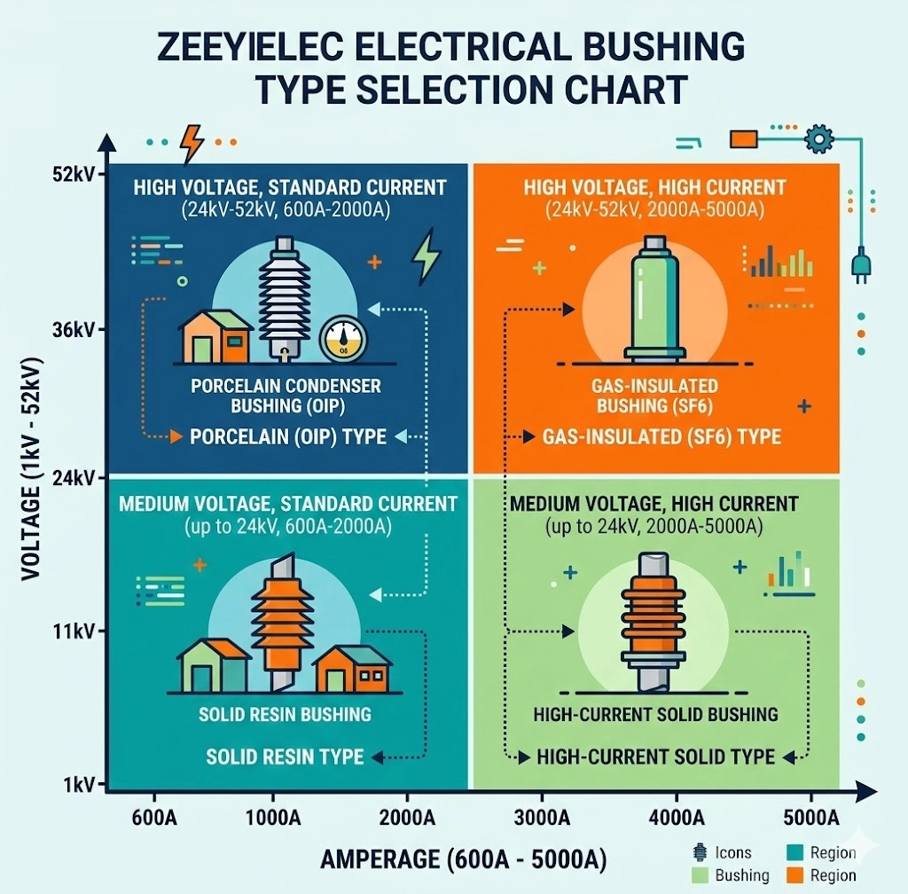Engineering infographic mapping current ratings from 600A to 5000A against voltage classes up to 52kV.