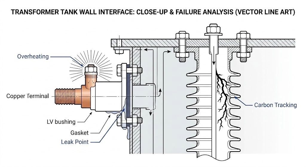 Diagram illustrating common field failure points including gasket leaks, terminal oxidation, and electrical tracking on bushings.