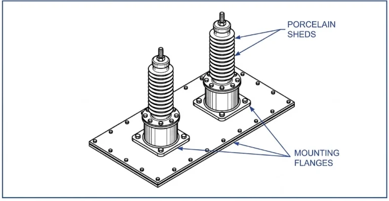 Medium voltage bushings mounted on a distribution transformer for power grids.