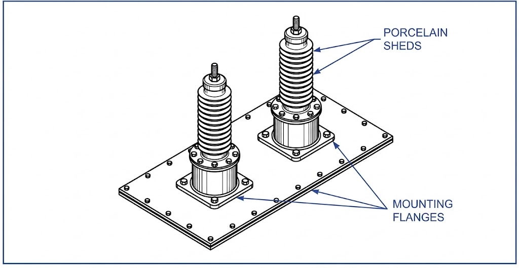 Medium voltage bushings mounted on a distribution transformer for power grids.