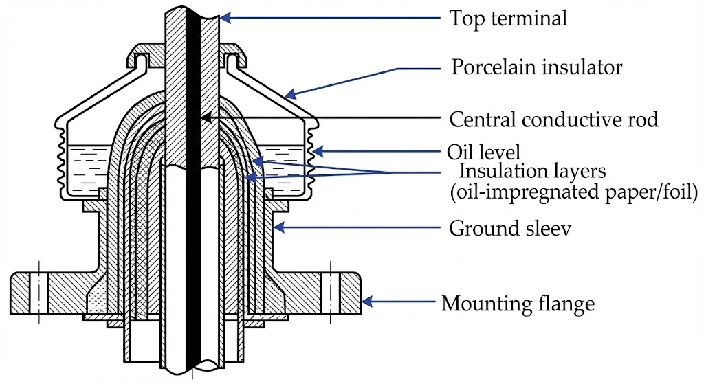 Cross-sectional diagram of an MV transformer bushing showing insulation and conductor.