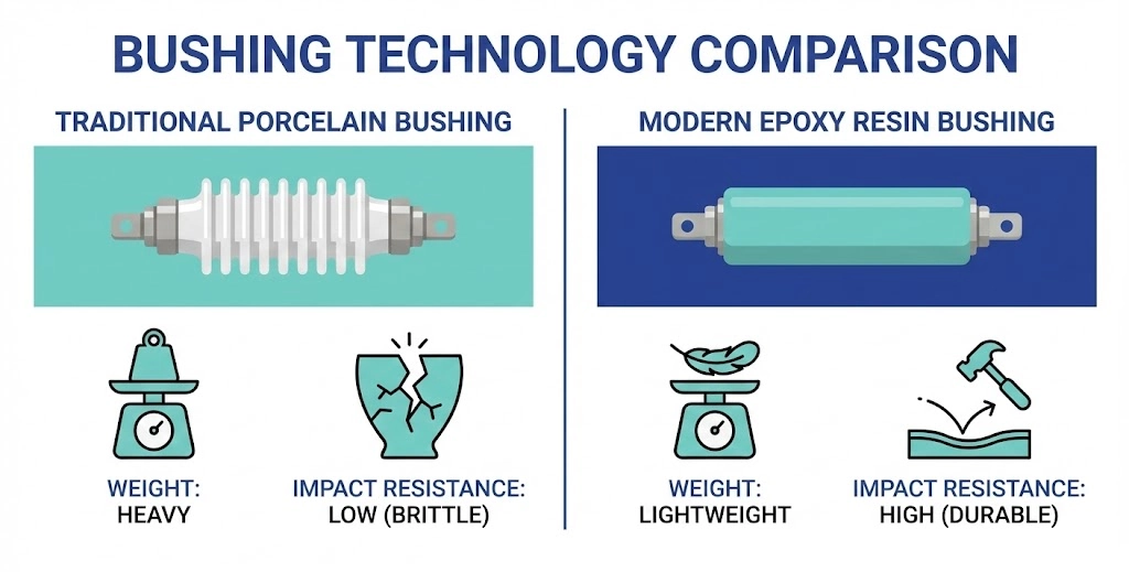 Comparison chart of porcelain versus epoxy cast resin medium voltage bushings.