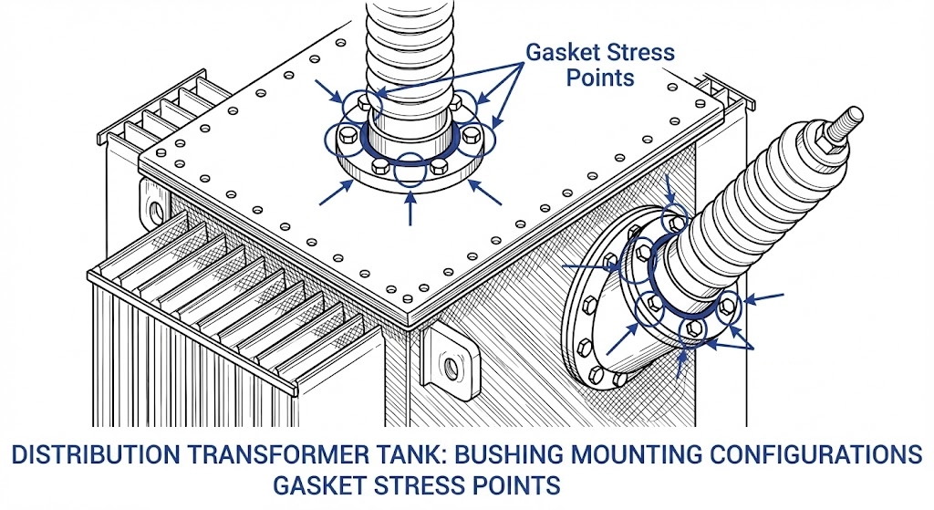 Diagram comparing top-mount and sidewall-mount transformer bushing configurations.